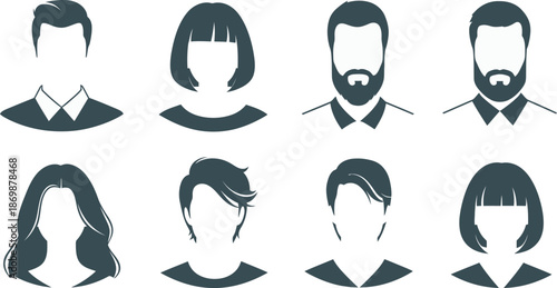 Eight faceless business professional silhouettes in two rows