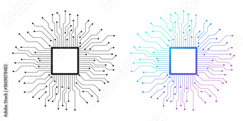 AI chip processor with circuit line on a white background. Artificial intelligence, deep learning, and machine learning. CPU and Microchip. Icon element for application and web. Vector illustration.