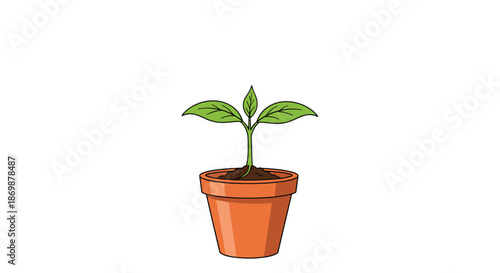 Simple illustration of a small green seedling with three leaves growing out of soil inside a brown terracotta clay pot.