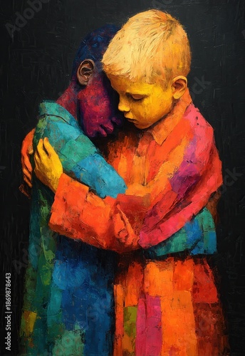 Emotional painting of two children hugging.