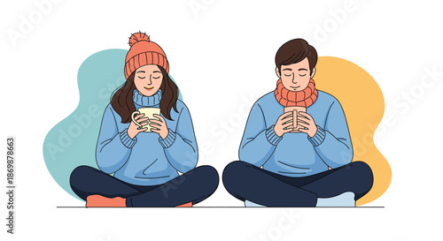Cozy scene of a man and a woman sitting comfortably on the floor wearing winter clothes and holding warm beverage mugs.
