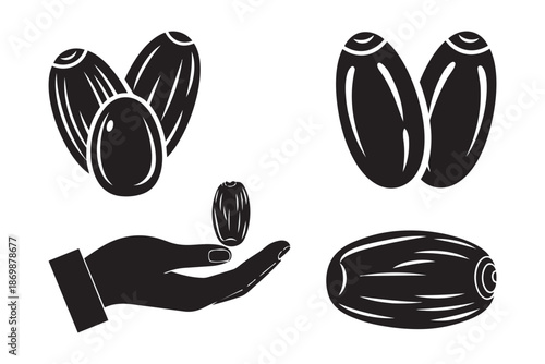 Dried date fruit silhouettes and hand holding single date piece vector illustration elements
