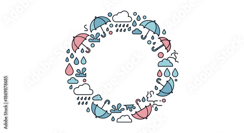 Circular border frame made of various weather icons like umbrellas, clouds, raindrops, and puddles in pink and blue.