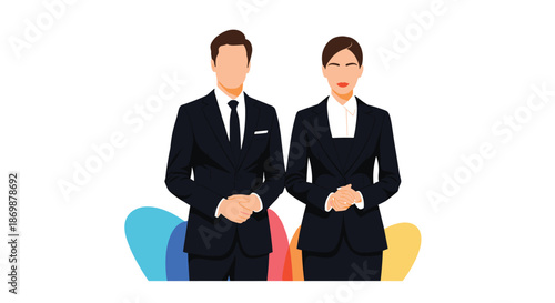 Professional man and woman dressed in formal black business suits standing together with their hands clasped politely.