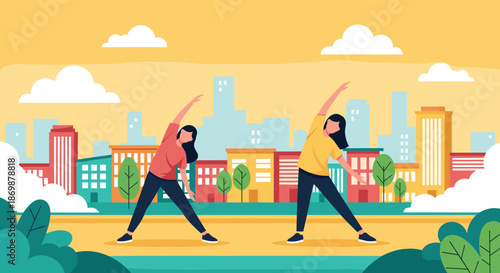 Health conscious women doing side stretch exercises together in an urban park with a colorful city skyline background.