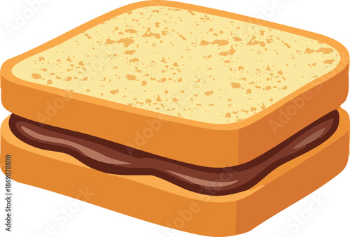 A detailed cartoon illustration of a toasted sandwich made with two slices of bread and a rich chocolate or spread filling in between.