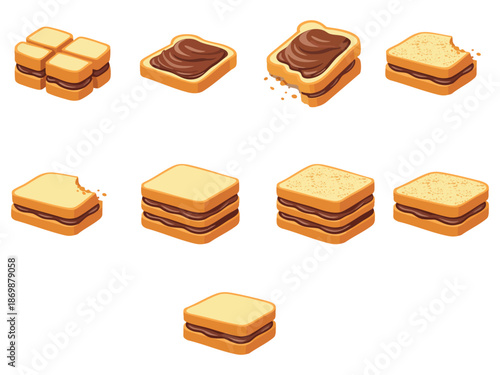 A collection of cute cartoon illustrations showing various chocolate-filled toast sandwiches in different shapes and bite states, isolated