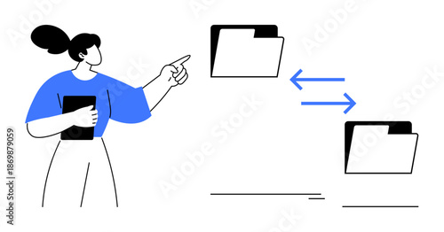 Woman pointing towards folders with bidirectional arrows symbolizing file transfer and organization. Ideal for data management, technology, digital workflow, teamwork, information transfer, remote
