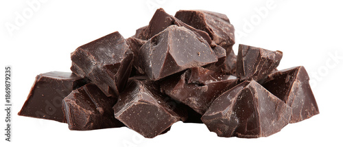 Heap of dark, chunky chocolate squares on black