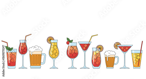 Row of diverse alcoholic drinks including cocktails beer and juices in various glasses for party and bar menu designs.