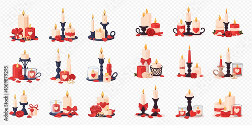 Collection of romantic candles and decorative elements for Valentine's Day or special occasions.