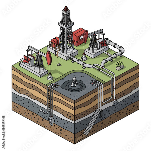 Oil Rig Extraction Process Diagram Illustration.
