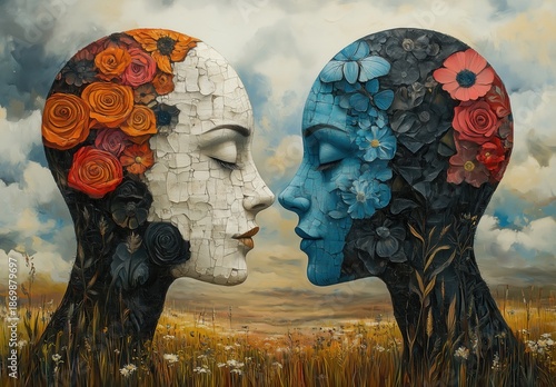 Surreal dual portrait of floral human faces in harmony.