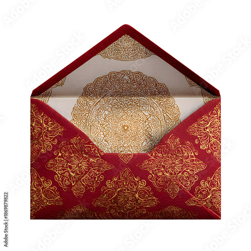 Elegant red and gold ornate envelope, Festive traditional invitation design
