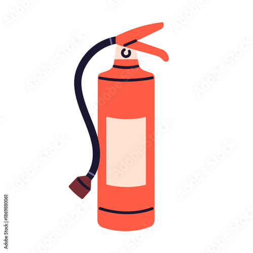 Fire extinguisher, emergency firefighting and safety equipment, red chemical foam extinguishing with hose for fire protection isolated on white background flat vector illustration.