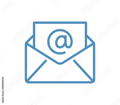 Email envelope line icon with at symbol, electronic mail message and communication symbol, contact, inbox and digital correspondence isolated on white background flat vector illustration.