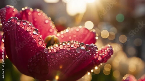 A macro shot of a pink tulip covered in sparkling water droplets. Fresh flower petals with morning dew in golden sunrise light with a bokeh background.