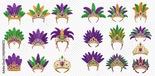 Mardi Gras carnival headbands and crowns with feathers and gems, vector set.