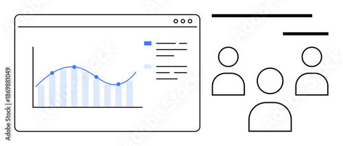 Data visualization, team management, business trends, analytics tools, user profiles, and workplace collaboration. A line chart with data and user icons. Data visualization and team management