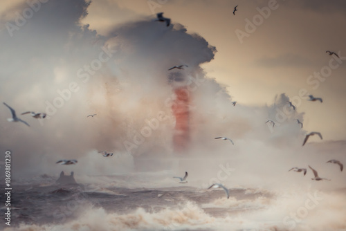 Wallpaper Mural Birds flying over misty coastal waters at sunset Torontodigital.ca