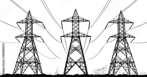 Electricity transmission towers silhouette with high voltage power lines, energy infrastructure network, industrial utility landscape, grid supply concept illustration