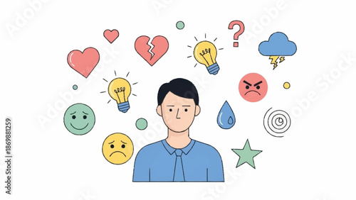 Conceptual illustration of a person surrounded by various emotions and ideas, representing mental state and feelings