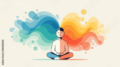 Illustration of a person meditating with colorful abstract shapes representing thoughts and emotions radiating outwards