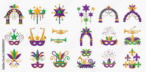 Mardi Gras celebration set with festive masks, arches, and musical instruments for carnival design.