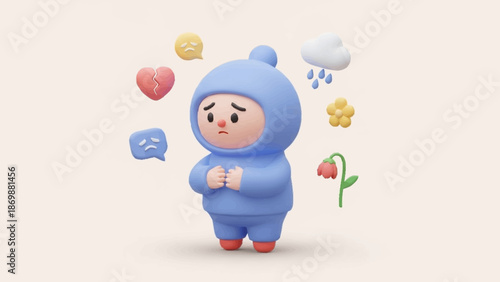 A solemn 3D character in blue, expressing profound sadness with symbolic elements like a broken heart, a storm cloud, and a drooping flower, representing emotional vulnerability