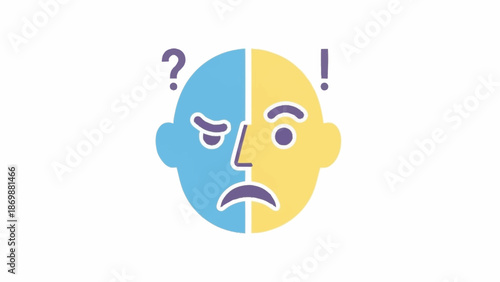 Illustration of a confused or uncertain person, with one side of the face showing a question mark and the other side an exclamation mark, representing indecision or perplexity