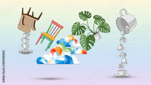 Surrealism and Absurdity Objects Float Mysteriously in a Dreamlike, Colorful Sky