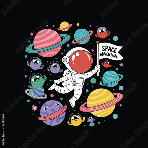 Astronaut Planting Flag on Planet with Cute Aliens, Colorful Space Adventure Scene, Whimsical Vector Illustration