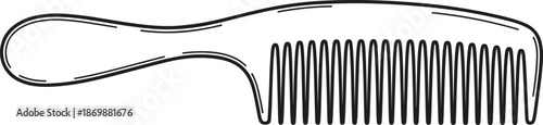 Hair comb line art illustration, minimalist grooming accessory design, beauty styling tool concept, personal care equipment, isolated on white background