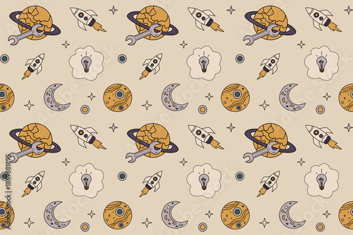 Seamless space pattern with planets, rockets, moon and idea symbols on soft beige background. Creative illustration for kids designs, textiles, wallpapers and prints