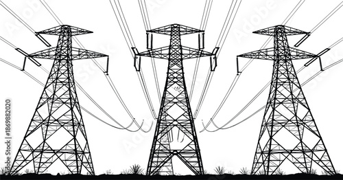 High voltage power transmission towers illustration, electricity pylons with overhead lines, energy infrastructure concept, industrial grid design, isolated silhouette view