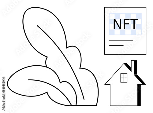 Sustainability, blockchain, real estate investment, digital ownership, eco-friendly living, modern design. Abstract leaves, NFT text and a house icon are . Sustainability and blockchain concept