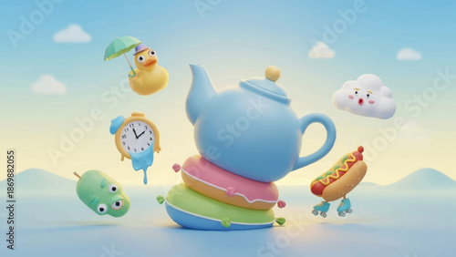 Whimsical Cartoon Collection of Playful Objects Floating in a Dreamy Sky