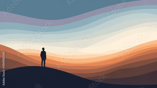 Abstract minimalist landscape with a solitary figure contemplating a colorful, layered horizon at sunset or sunrise