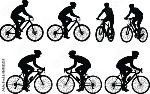 Bicycle rider silhouette icon set vector, casual and racing posture variations for sports, transportation, and ergonomic design themes