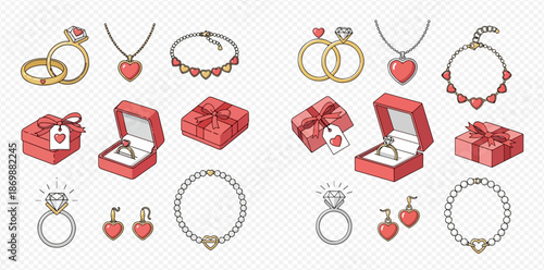 Collection of hand-drawn jewelry and gift boxes with heart motifs, perfect for Valentine's Day or romantic occasions.