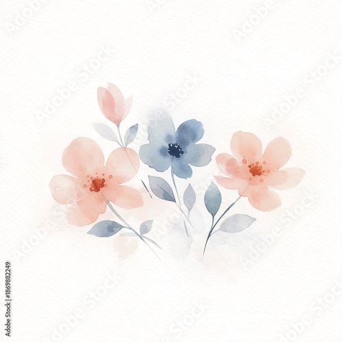 Minimal watercolor illustration of soft pastel flowers in pink and blue tones with delicate leaves. Clean botanical composition on a white background, creating a gentle, calm, and elegant mood. 