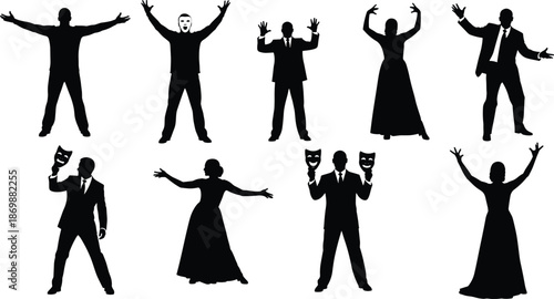 Collection of theatrical silhouettes featuring actors in expressive poses, formal evening wear, and classical drama masks for performing arts and stage entertainment concepts.