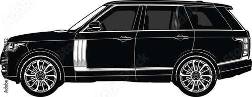 Luxury SUV side view illustration, black and white vector line art, modern premium vehicle silhouette, automotive design isolated