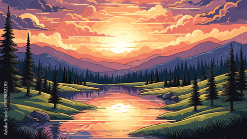 Pixel art sunset mountain landscape vector, glowing sun, reflective water, stylized trees, and vibrant sky for scenic, tranquil, and nature themes