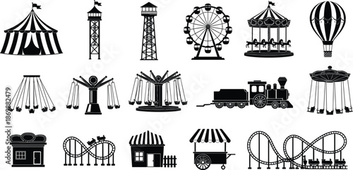 Amusement park and carnival silhouette icon set vector, circus tent, rides, and attractions for festive, entertainment, and design themes