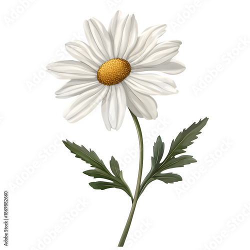 Daisy Flower with White Petals, Yellow Center, and Green Serrated Leaves on White Background