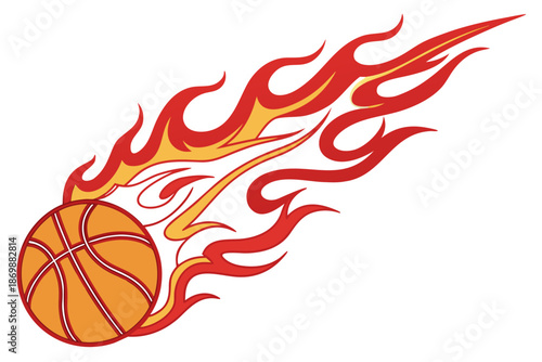 Vector illustration of a flaming basketball sphere design featuring orange fire flames for sports team competition and game icon symbols