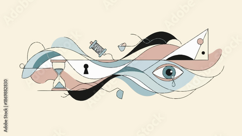 Elegantly flowing abstract design intertwining symbolic elements like time, creation, and emotion, rendered in a minimalist vector line art style to evoke introspection