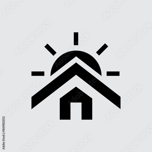 Simple black icon depicting a house with a sunburst above the roofline