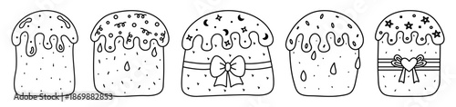 Black line Easter cake set. Traditional Eastern European Easter bread. Kulich with sugar glaze monochrome outline signs. Festive yeast baked dessert with icing and sprinkles, paska linear pictograms